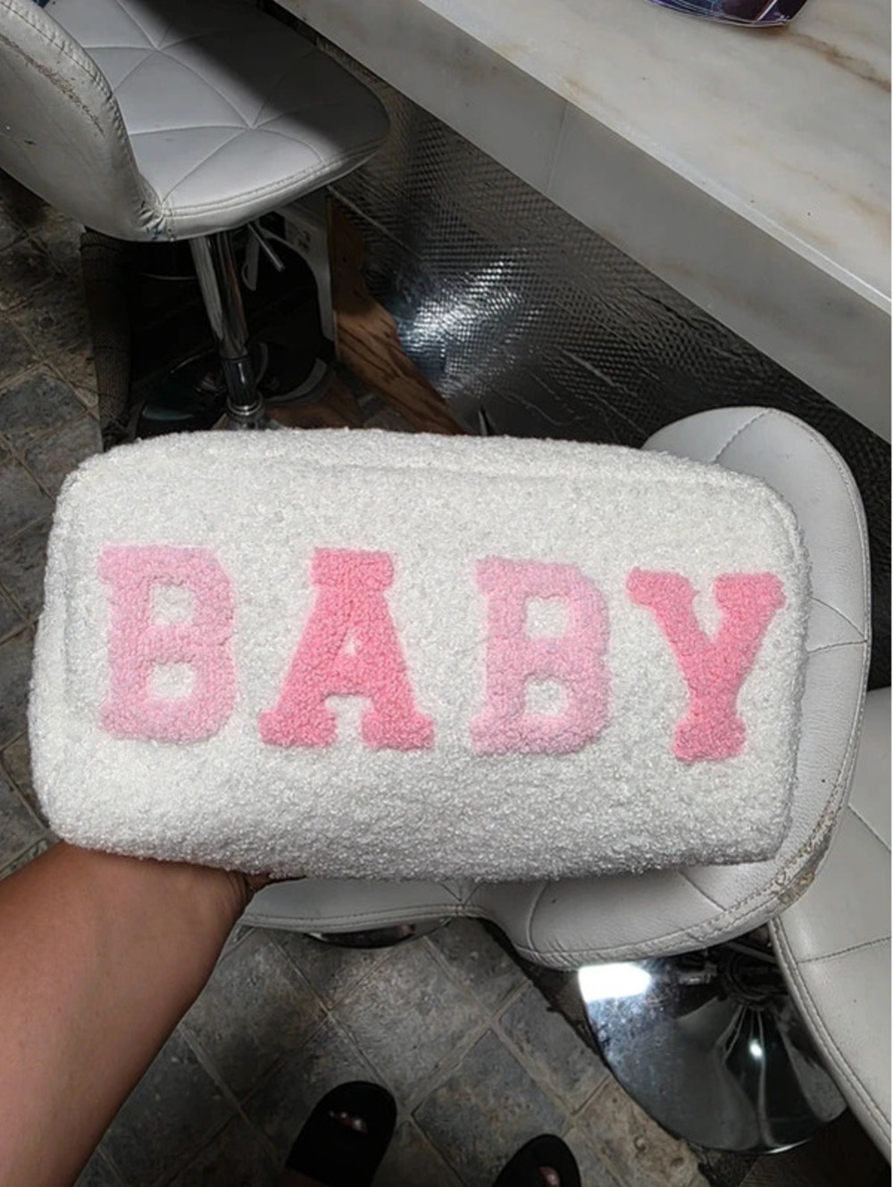 Fuzzy Cosmetic Bag Pink & White – New